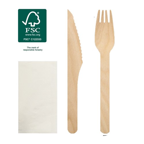 Wooden cutlery Combo K/F/Napkin (250)